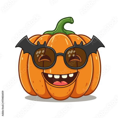 A cheerful pumpkin with bat-wing sunglasses and big teeth smiles widely, radiating playful Halloween vibes.