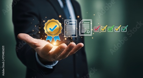 Achieve excellence with a golden seal of approval and verified checklist symbols