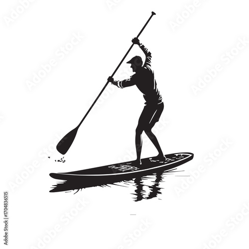 Black paddleboarding Silhouette Vector, High Quality Illustration on White Background
