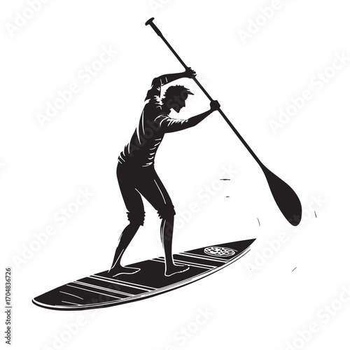 Black paddleboarding Silhouette Vector, High Quality Illustration on White Background