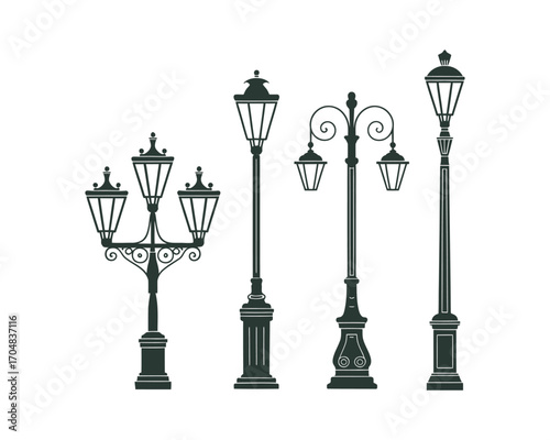 An elegant illustration of a collection of ornate, vintage-style street lampposts isolated on a white background for city design