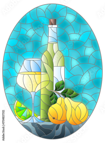 Illustration in the style of a stained glass window with a still life, a bottle of white wine, a glass and fruit on a blue background, oval image