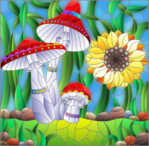Stained glass window illustration with mushrooms and a flower on a meadow and sky background