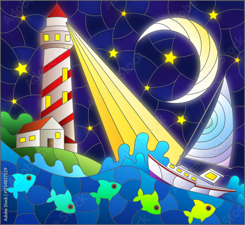 Stained glass window illustration with seascape, sailboat and lighthouse on the background of the night sky