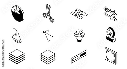 A collection of black and white isometric user interface icons for graphic design tools