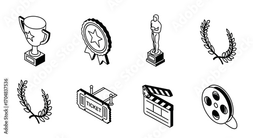 Set of movie award ceremony icons in isometric line art style including a trophy and statuette
