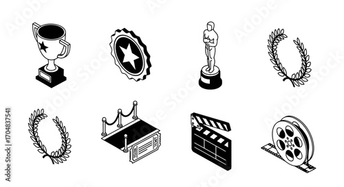 Set of eight isometric award ceremony and filmmaking icons rendered in black and white line art
