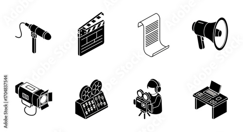 Isometric collection of eight black and white filmmaking and cinema production equipment icons