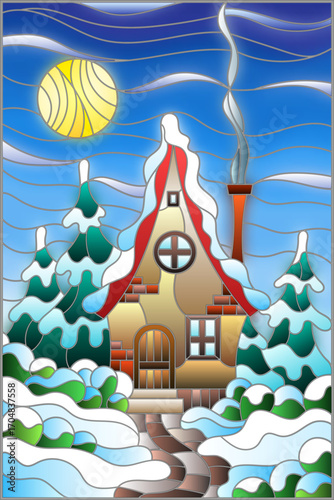 Illustration in vintage style winter landscape, village house and fir-trees on a background of snow, sky and sun