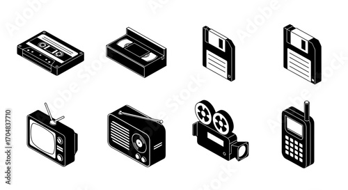 A set of eight black-and-white retro technology icons in a geometric outline style