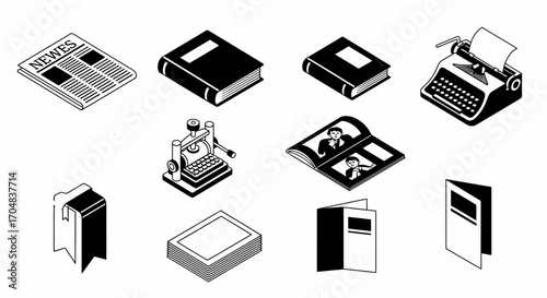 A set of ten black and white isometric icons representing publishing, journalism, and literature