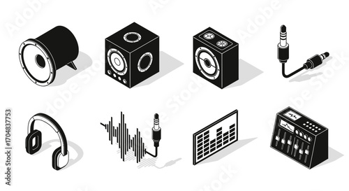 An isometric icon set of audio and music production equipment in a monochrome line art style