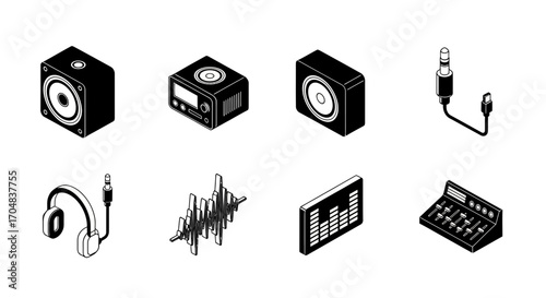 A set of black isometric audio equipment icons for music production and sound engineering