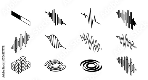 Collection of eight isometric icons representing audio waveforms and sound visualizations