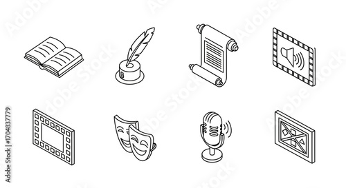 Collection of monochromatic media icons representing various communication and storytelling elements
