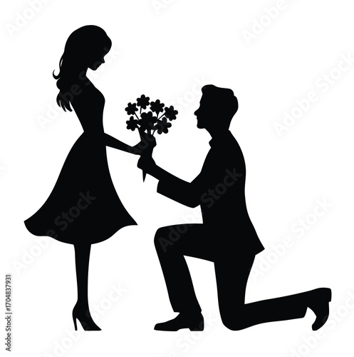 An elegant silhouette illustration of a man on one knee proposing to a woman with a bouquet of flowers