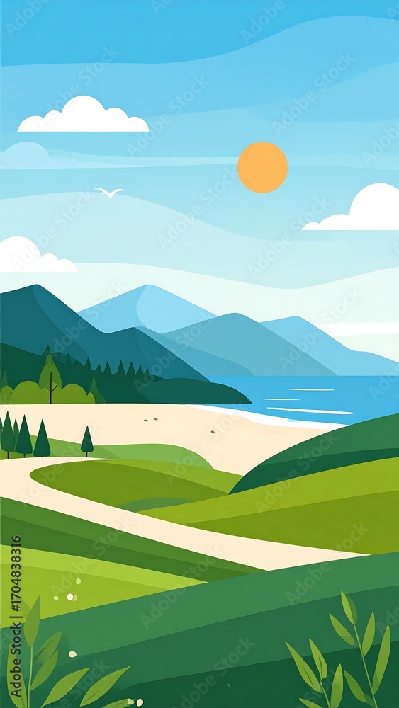 Fototapeta premium Colorful landscape with mountains, beach, and road