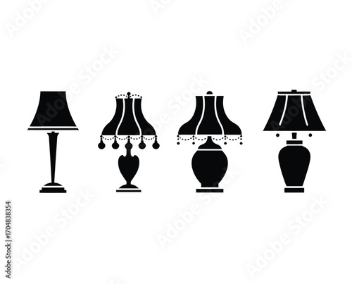 Elegant collection of four distinct table lamp silhouettes. A vector graphic set of classic home interior lighting fixtures