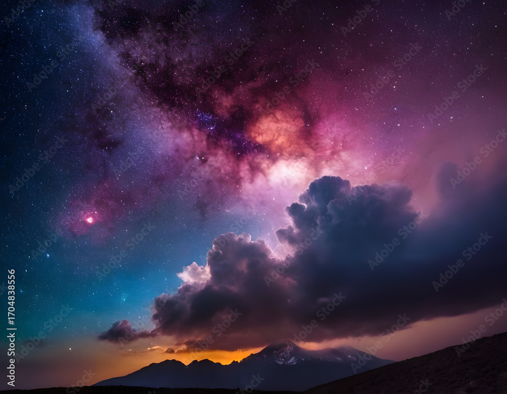 Naklejka premium The Colorful nebular galaxy stars and clouds are the universe's wallpaper. sunrise in the mountains.