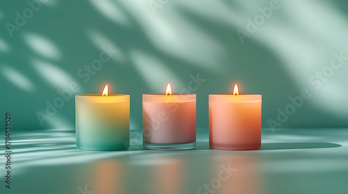 Wallpaper Mural Three lit candles with soft shadows and dappled light on a teal background Torontodigital.ca