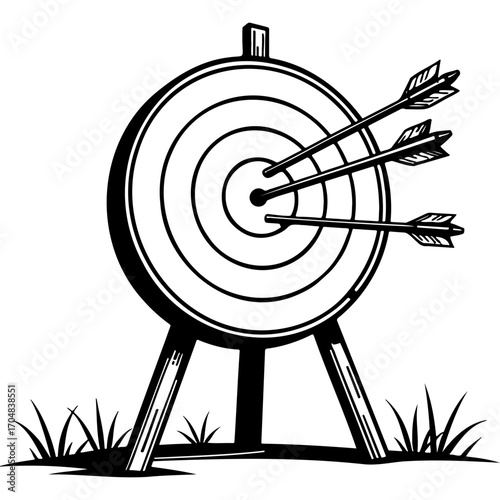 Sketchy emblem of arrows stuck into a target standing on a tripod. Engraving minimalistic vector in black ink drawing on transparent background