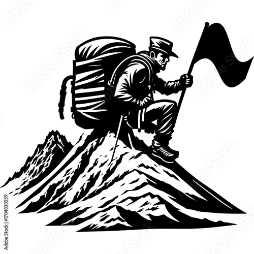 Sketchy sport emblem of mountain climber plants a flag on top of a mountain in monochrome. Engraving minimalistic vector in black ink drawing on transparent background
