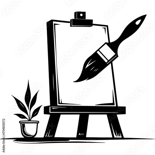 Sketchy emblem of a interior of a modest artist studio with an easel and a flower pot. Engraving minimalistic vector in black ink drawing on transparent background