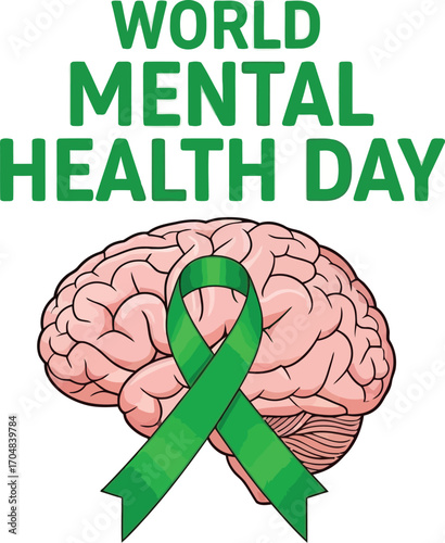 World mental health day illustration with a brain and green ribbon
