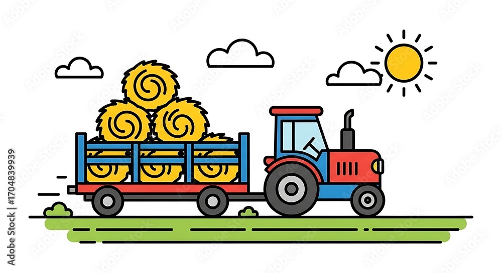 Naklejka premium Vibrant cartoon tractor hauls bountiful hay bales across sunny fields, celebrating rural harvest and agricultural abundance