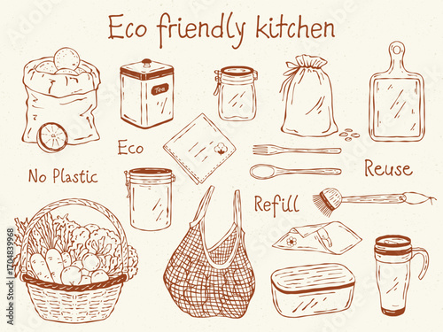 Hand-drawn eco friendly kitchen doodle set with glass jars, containers, cloth bags, wax wrap, thermocup, wooden utensils, basket with vegetables and eco lettering
