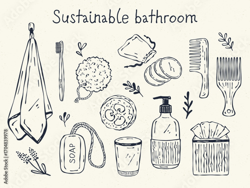 Hand-drawn sustainable bathroom doodle set with soap, towel, sponge, bamboo toothbrush, comb, cotton pads, loofah, bottles, and tissue box, perfect for eco-friendly and zero waste design and décor