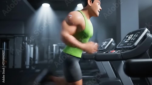 Muscular Cartoon Man Running on Treadmill in Modern Gym, Fitness, Exercise, Healthy Lifestyle