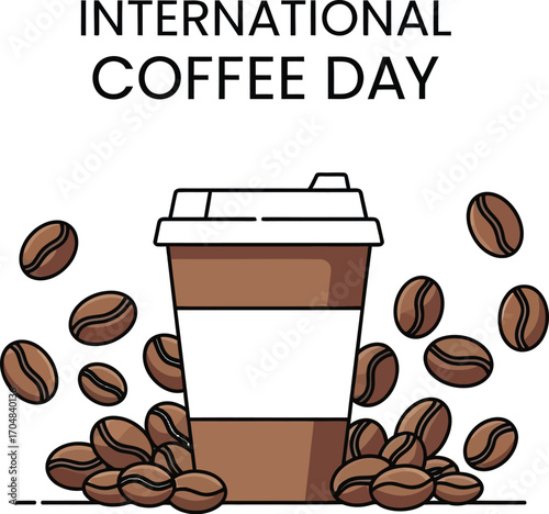 International coffee day with a cup of coffee and coffee beans for poster or banner design