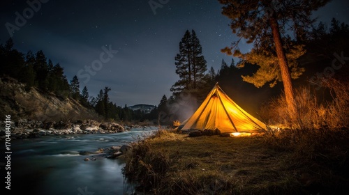 Under the Stars with a Glowing Tent and Campfire by a River