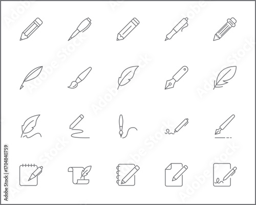 Simple Set of pen Related Vector Line Icons. Vector collection of pencil and quill pen, marker pen, stationery, writing, literature, pen nib symbols or logo elements in thin outline.