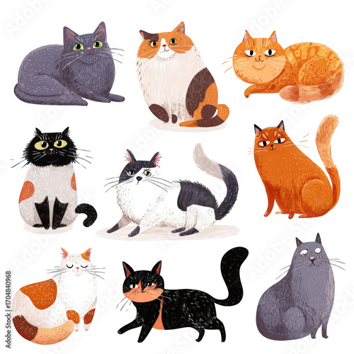 Set of cute and funny cartoon cat characters.