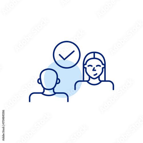 Man and woman and checkmark. Collaboration confirmed, trusted agreement. Secure discussion, interview or dating match. Pixel perfect, editable stroke vector icon