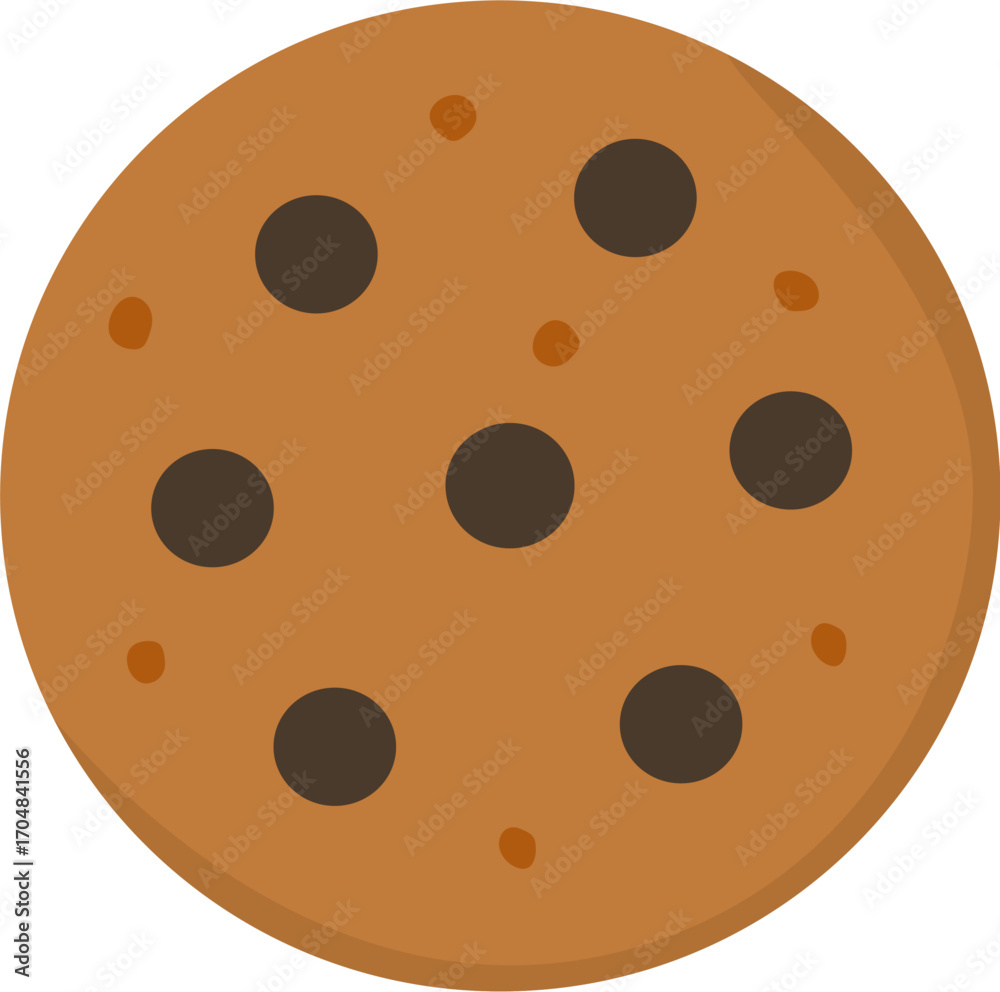 Fototapeta premium Flat chocolate chip cookie icon with brown crunchy texture for autumn dessert design