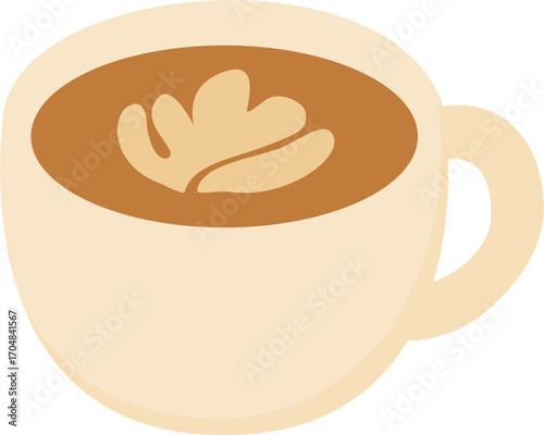 Creamy latte coffee icon with leaf foam art in beige mug for cozy autumn drink