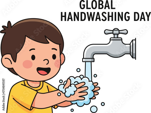 Boy washing hands with soap for global handwashing day hygiene concept for banner or poster