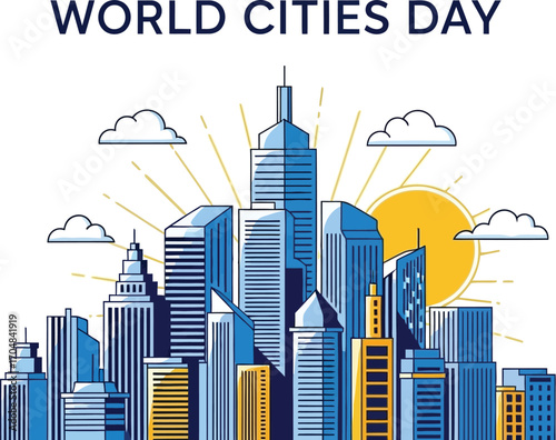 World cities day with a skyline of skyscrapers and clouds