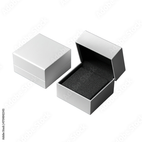 Two white square jewelry boxes, open and closed