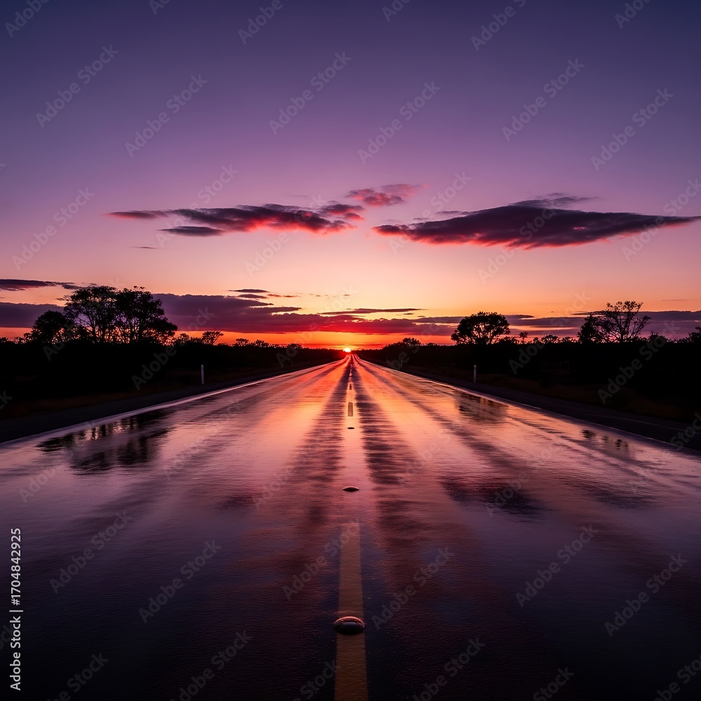 Obraz premium Endless horizon road reflecting a twilight sky after heavy rainfall