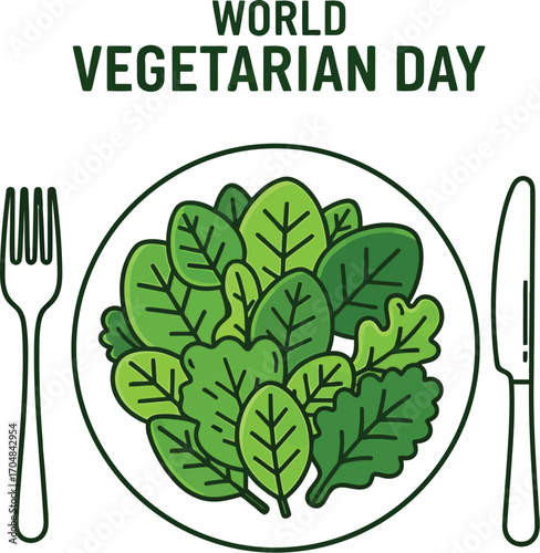 World vegetarian day illustration with plate of spinach for healthy lifestyle concept
