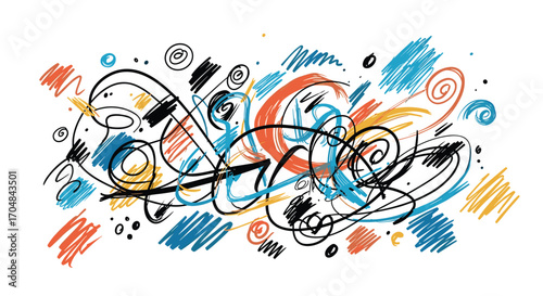 An abstract doodle featuring colorful scribbles and swirling lines with a playful and energetic feel.