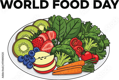 Illustration of a plate with various fruits and vegetables for world food day