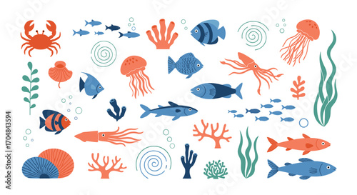 A collection of colorful marine life and oceanic elements for design projects.