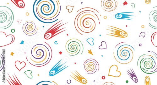 A whimsical pattern of colorful swirling galaxies hearts and shooting stars.
