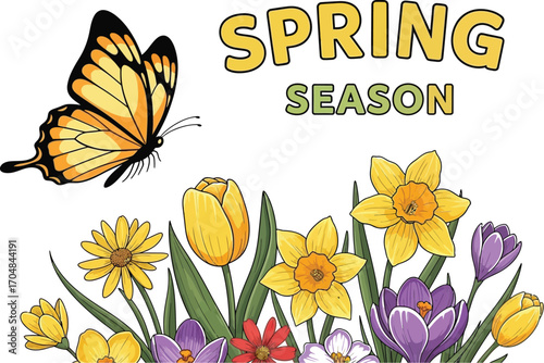 Spring season with butterfly and flowers floral design for greeting card, invitation, poster