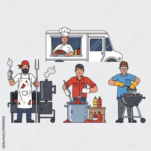 Illustration depicts various people preparing and serving food from a food truck and outdoor cooking stations.